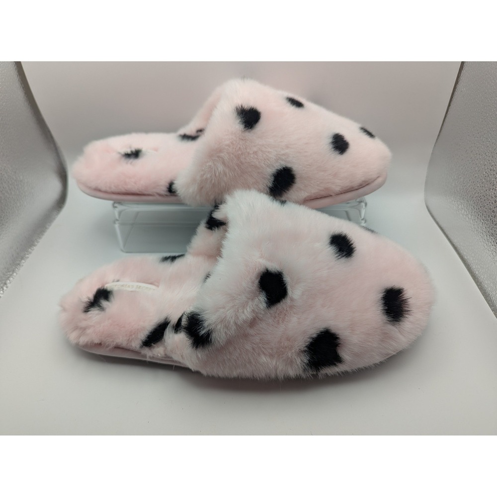 Victoria's Secret Pink Polka Dot Faux Fur Fuzzy Slippers Size Medium (7-8)